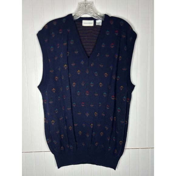 Vintage Potomac Collection Sweater Vest Men'sX L Navy Blue V Neck printed office - Picture 1 of 9